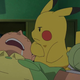 Pokemon's Ash lies drooling on a bed while Pikachu expresses his displeasure with a slap.
